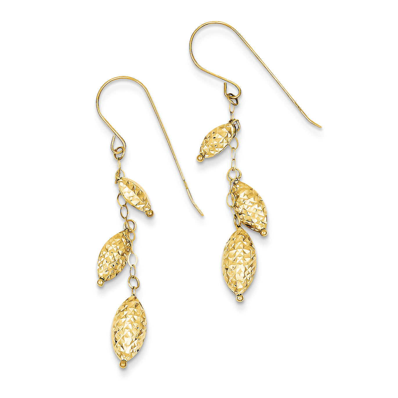14K Gold Diamond-cut Puff Rice Bead Dangle Earrings