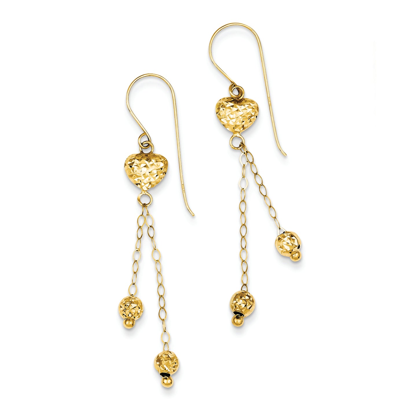 14K Gold Dangle Puff Heart & Bead Earrings