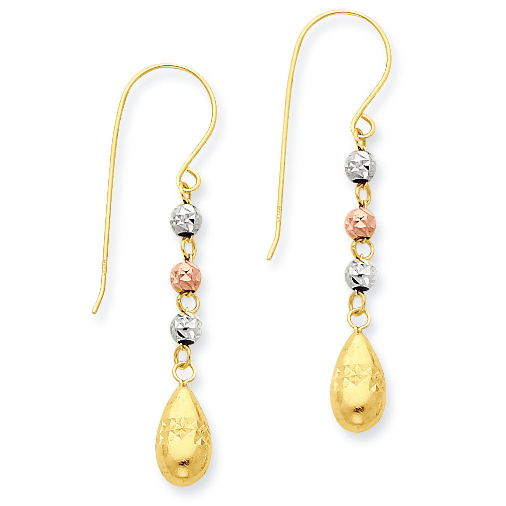 14K Gold Tri-color Puff Teardrop & Bead Dangle Earrings