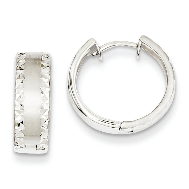 14K White Gold Brushed Diamond Cut Hoop Earrings