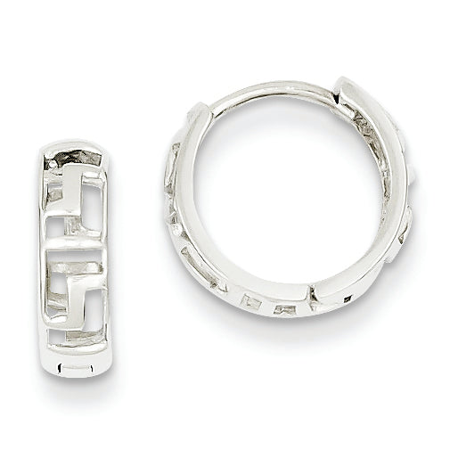 14K White Gold Greek Key Hinged Hoop Earrings