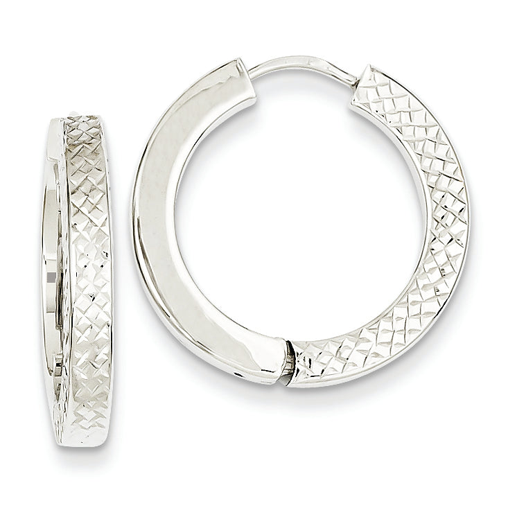 14K White Gold Textured and Polished Hollow Hinged Hoop Earrings
