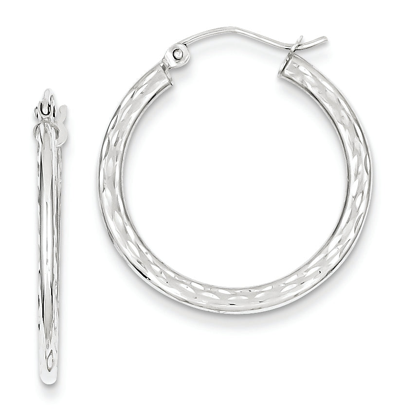 14K White Gold Diamond Cut 2.5x25mm Hollow Hoop Earrings