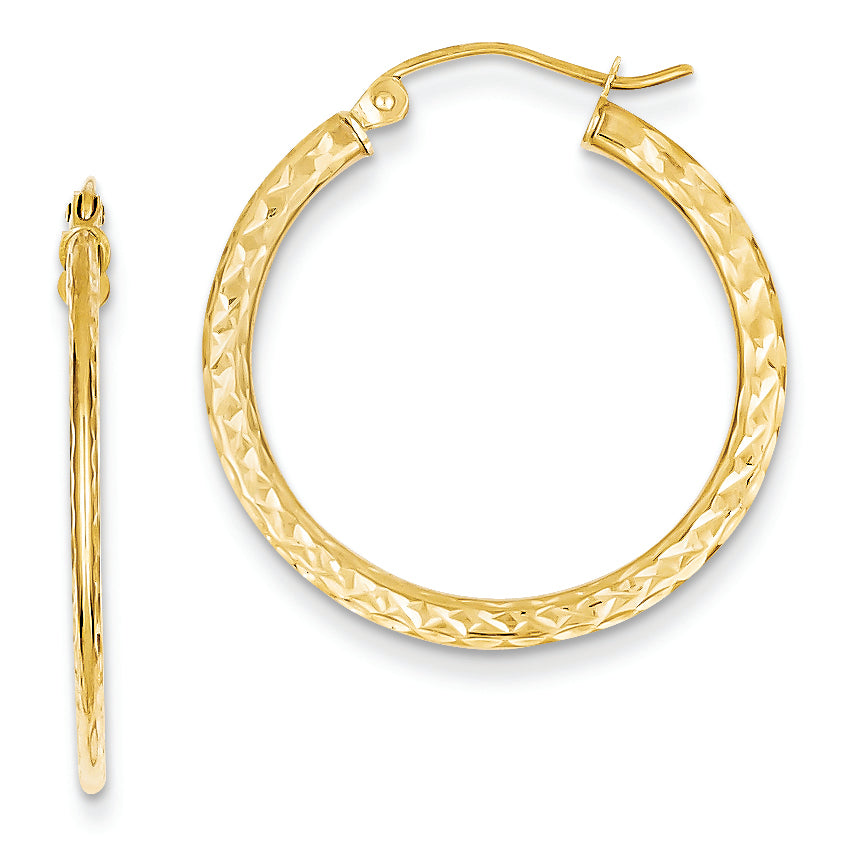 14K Gold Textured 2.2x25mm Hoop Earrings