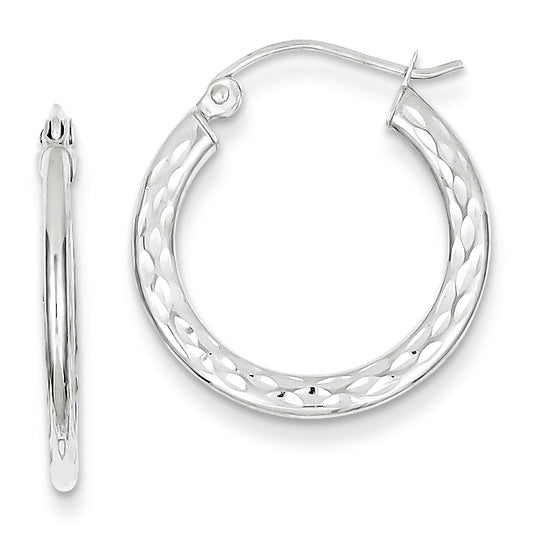 14K White Gold Diamond Cut 2.5x20mm Hollow Hoop Earrings