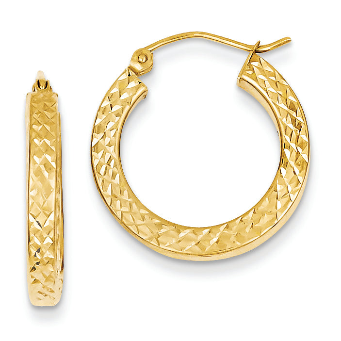 14K Gold Diamond Cut 3x20mm Square Tube Hoop Earrings