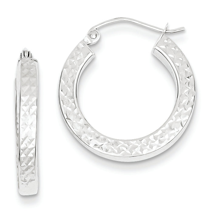 14K White Gold D/C 3x20mm Square Tube Hoop Earrings