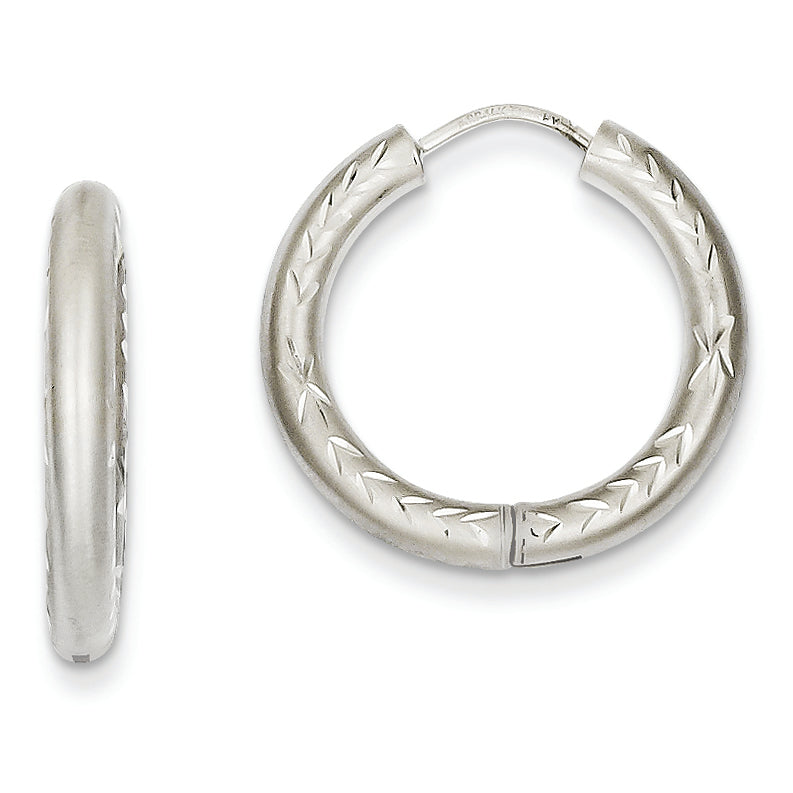 14K White Gold Diamond Cut Brushed Hinged Hollow Hoop Earrings