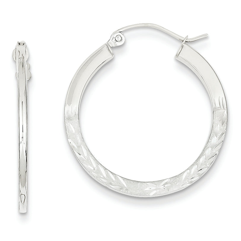 14K White Gold Diamond Cut 2.5x25mm Hoop Earrings