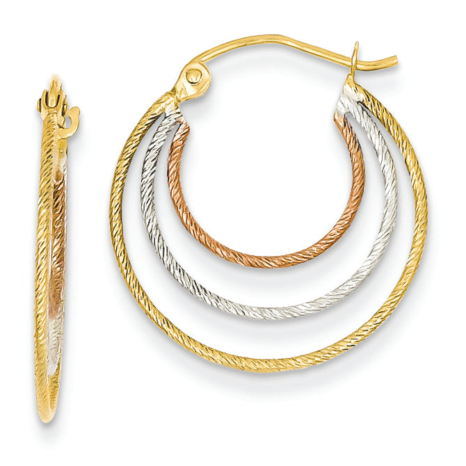 14K Gold Tri-color Diamond Cut Hoop Earrings