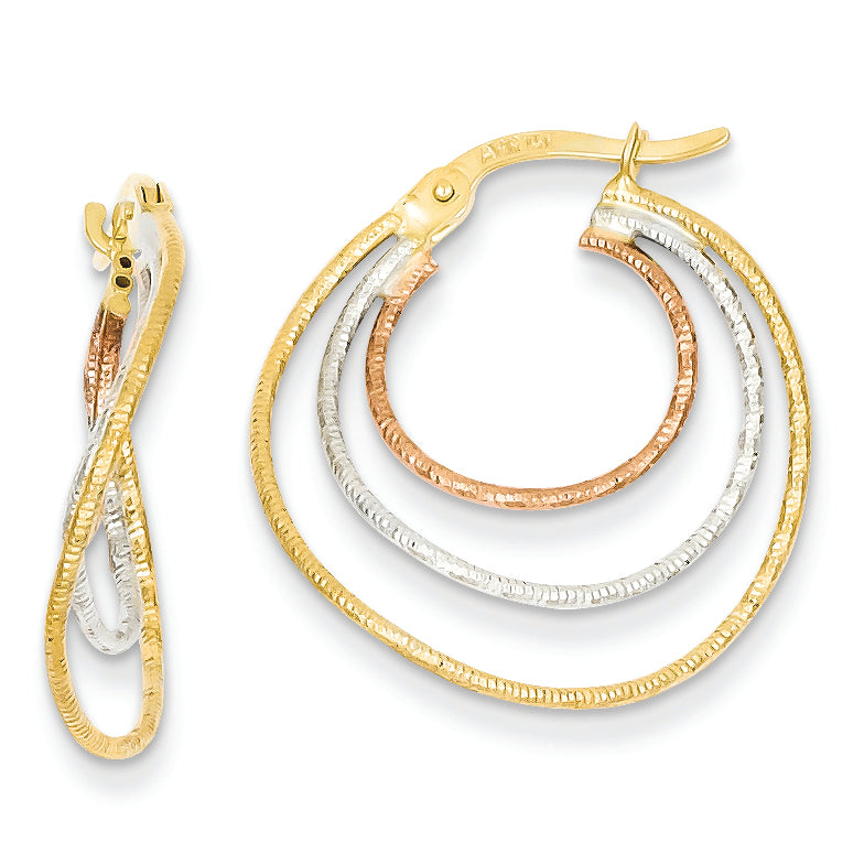 14K Gold Tri-color Textured Hoop Earrings