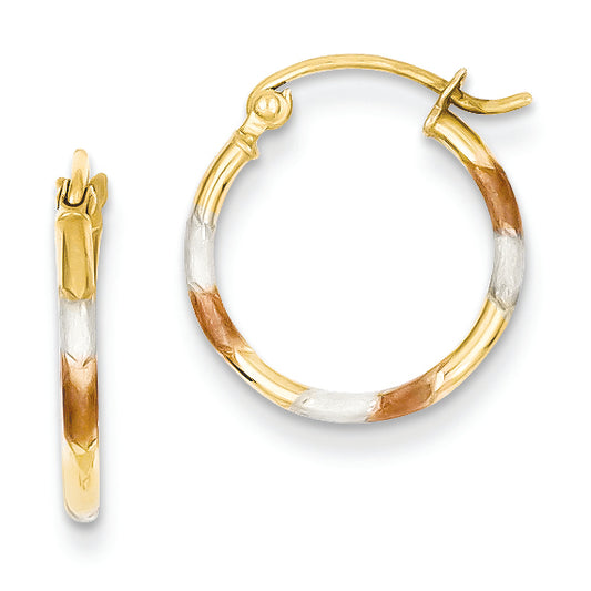 14K Gold & White and Rose Rhodium Diamond Cut Hoop Earrings