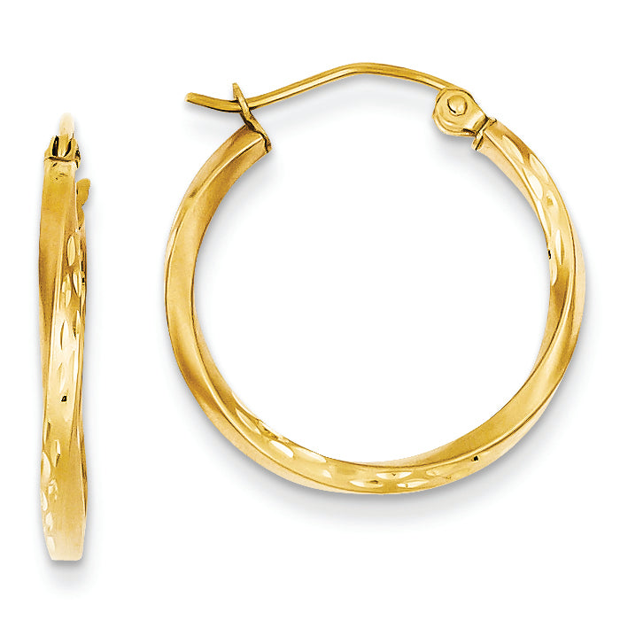 14K Gold Satin Diamond Cut Twisted Hollow Hoop Earrings