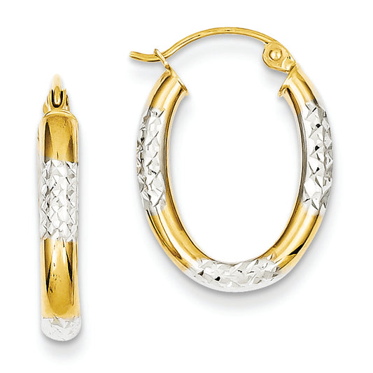 14K Gold & Rhodium Diamond Cut Oval Hollow Hoop Earrings