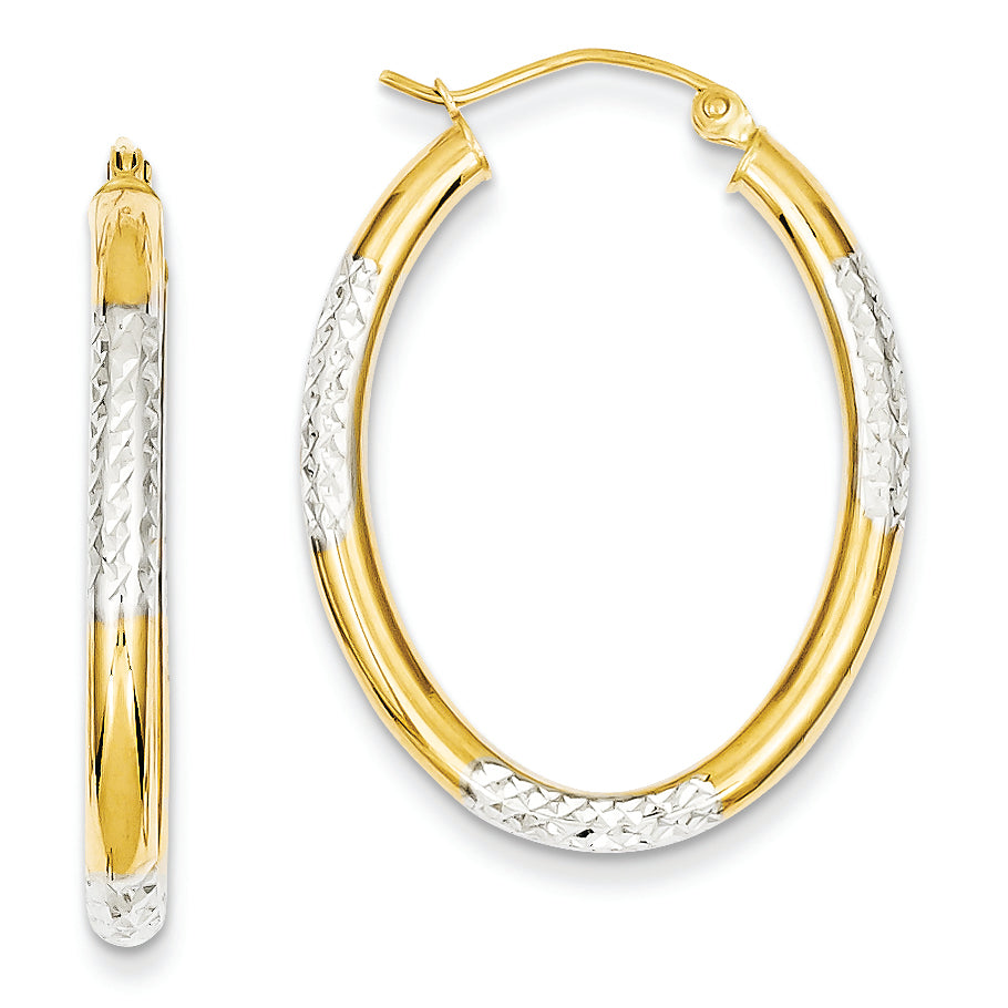 14K Gold & Rhodium Diamond Cut Oval Hollow Hoop Earrings
