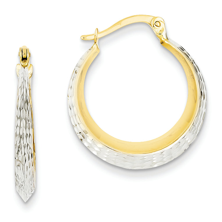 14K Gold & Rhodium Diamond Cut Hollow Hoop Earrings