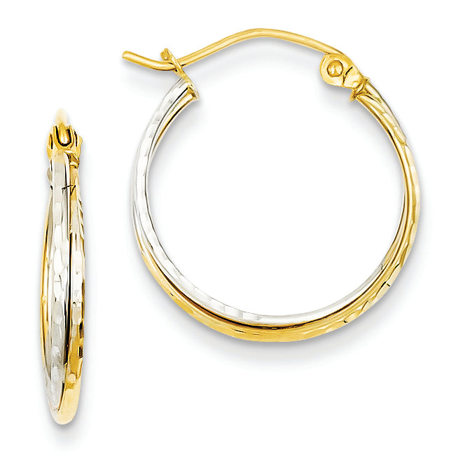 14K Gold Yellow and White Gold Diamond Cut Twisted Hoop Earrings