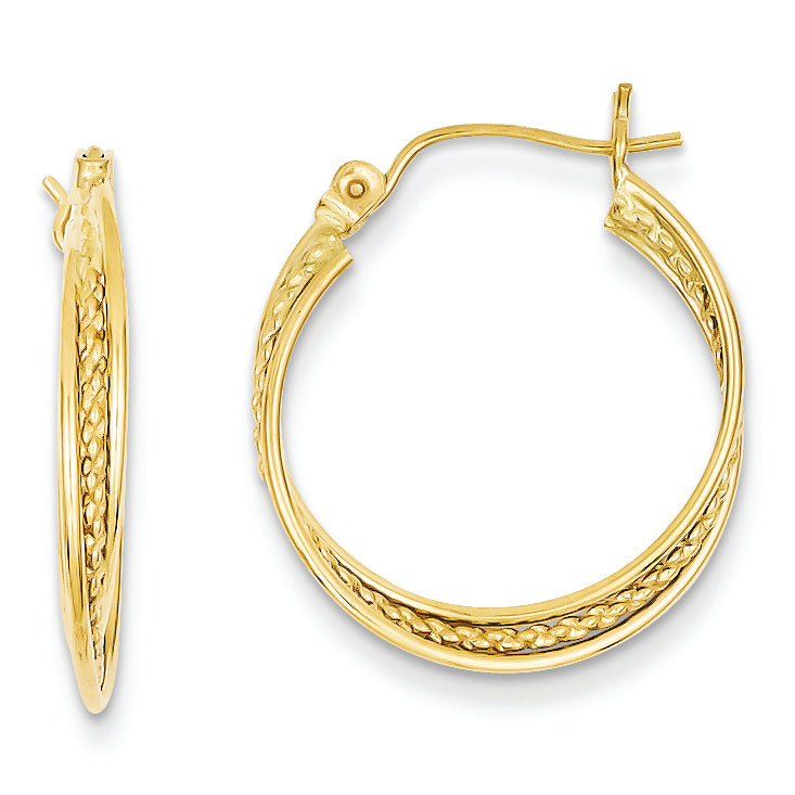 14K Gold Polished and Textured Circle Hoop Earrings