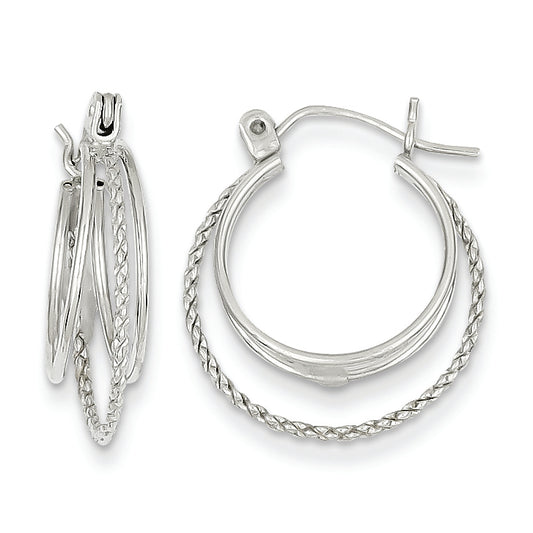 14K White Gold Polished and Textured Circle Hoop Earrings