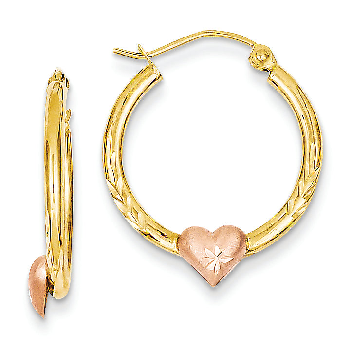 14K Gold Yellow & Rose Gold Heart Hoop Earrings
