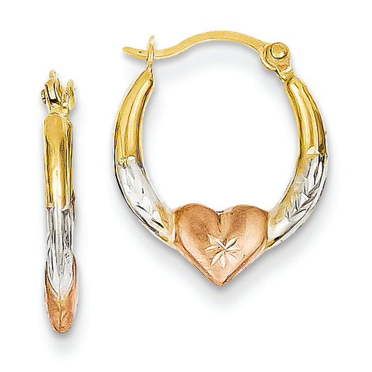 14K Gold & White and Rose Rhodium Heart Hoop Earrings