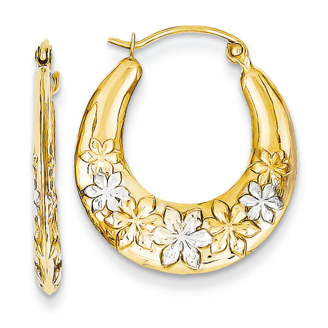 14K Gold & Rhodium Hollow Flowers Hoop Earrings