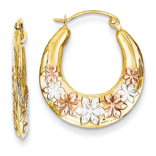 14K Gold & White and Rose Rhodium Hollow Flowers Hoop Earrings