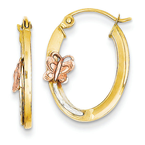 14K Gold Tri-Colored Butterfly Oval Hoop Earrings