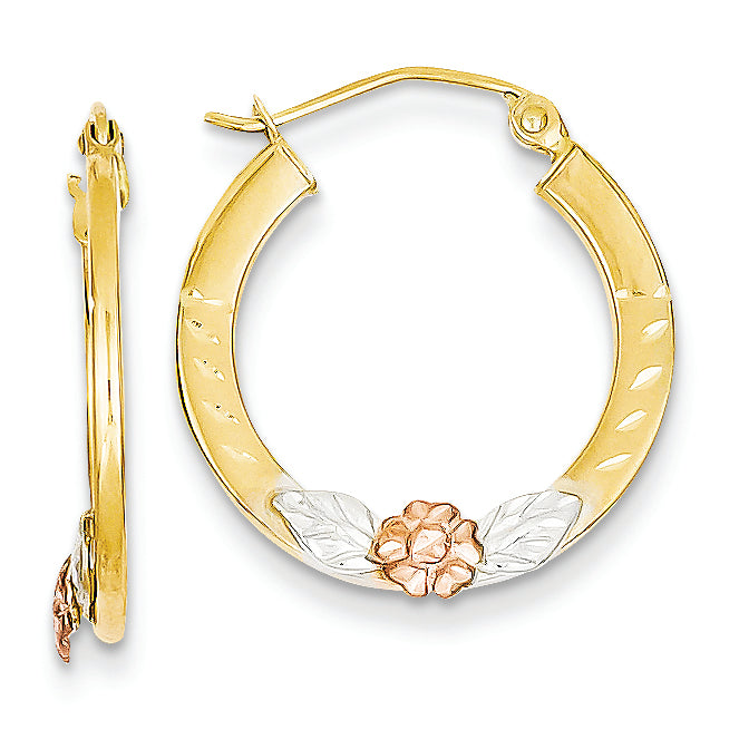 14K Gold Yellow & Rose Gold w/ Rhodium Diamond Cut Flower Hoop Earrings