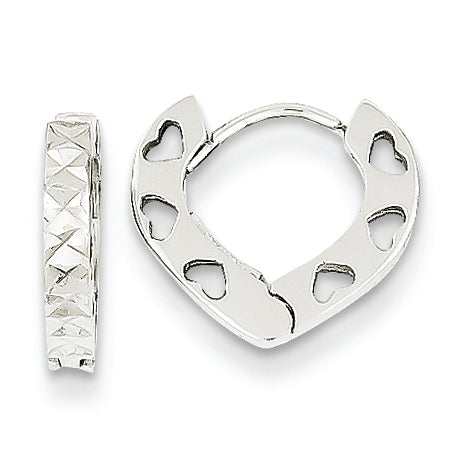 14K White Gold Diamond Cut Heart Hoop Earrings