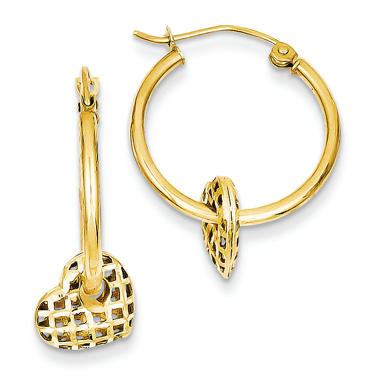 14K Gold Moveable Heart Hoop Earrings