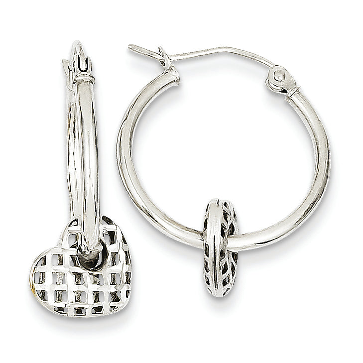 14K White Gold Moveable Heart Hoop Earrings