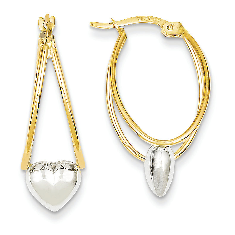 14K Gold Two-tone Oval and Heart Hoop Earrings