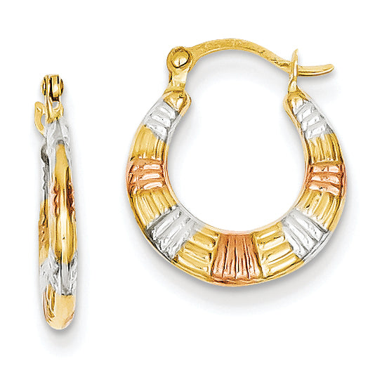 14K Gold & White and Rose Rhodium Hollow Textured Hoop Earrings