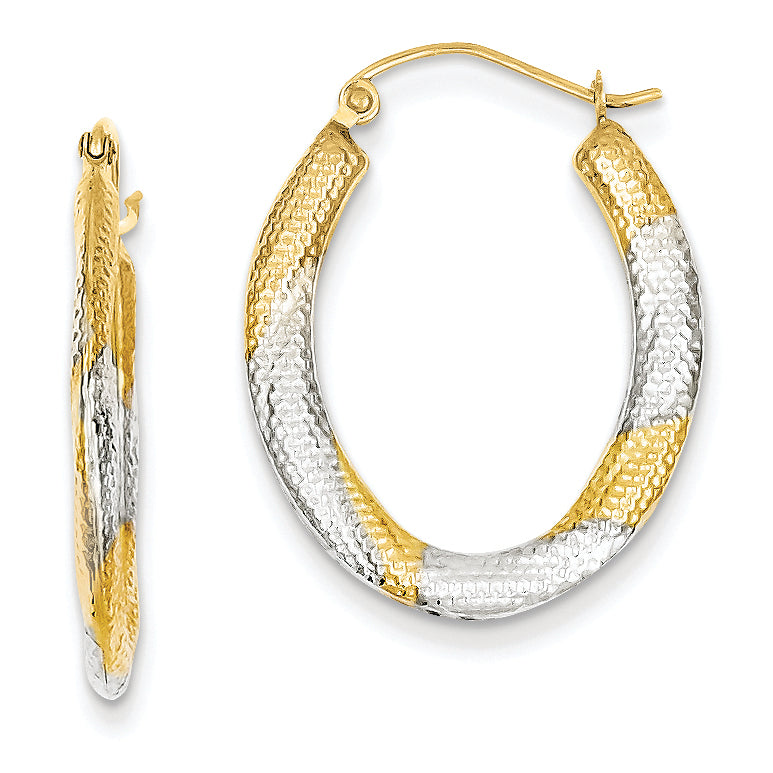 14K Gold & Rhodium Textured Hollow Oval Hoop Earrings