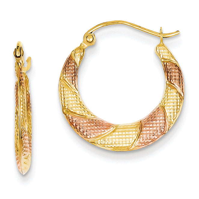 14K Gold & Rose Rhodium Textured Hollow Scalloped Hoop Earrings