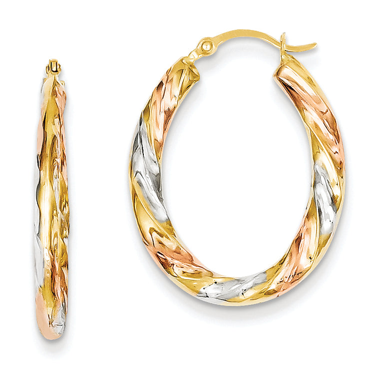 14K Gold & White & Rose Rhodium Oval Hollow Scallop Hoop Earrings