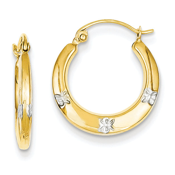 14K Gold & Rhodium Flowers Hollow Hoop Earrings