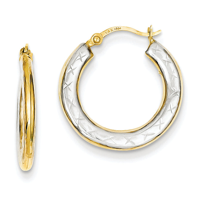 14K Gold & Rhodium X Diamond Cut Hollow Hoop Earrings