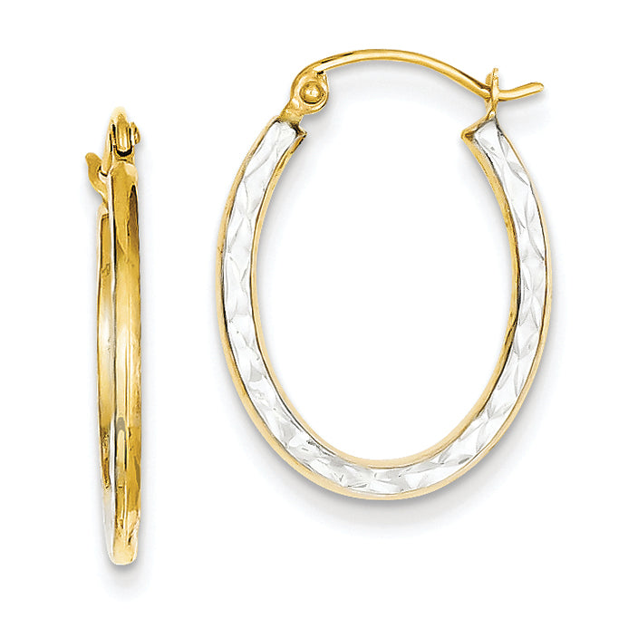 14K Gold & Rhodium Textured Hollow Oval Hoop Earrings