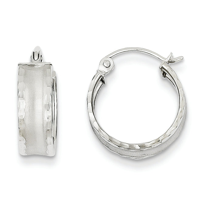 14K White Gold Diamond Cut Satin Hoop Earrings