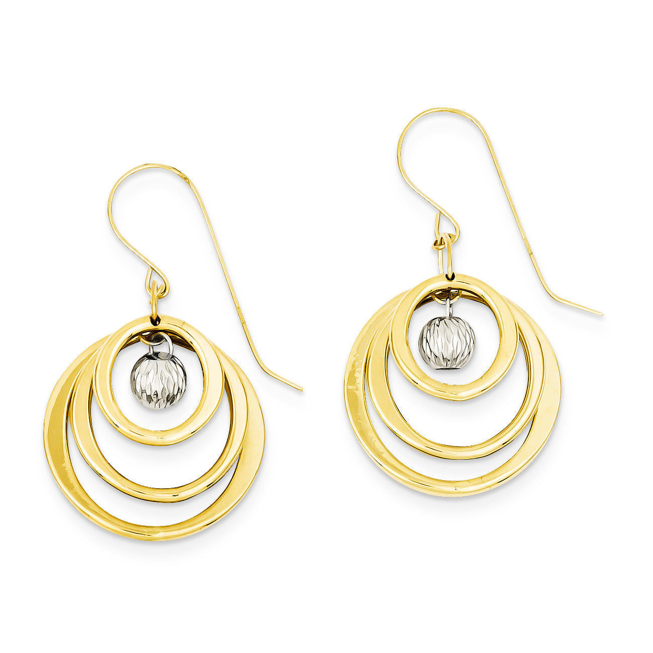 14K Gold Two-tone Hollow Circle Diamond Cut Bead Dangle Earrings