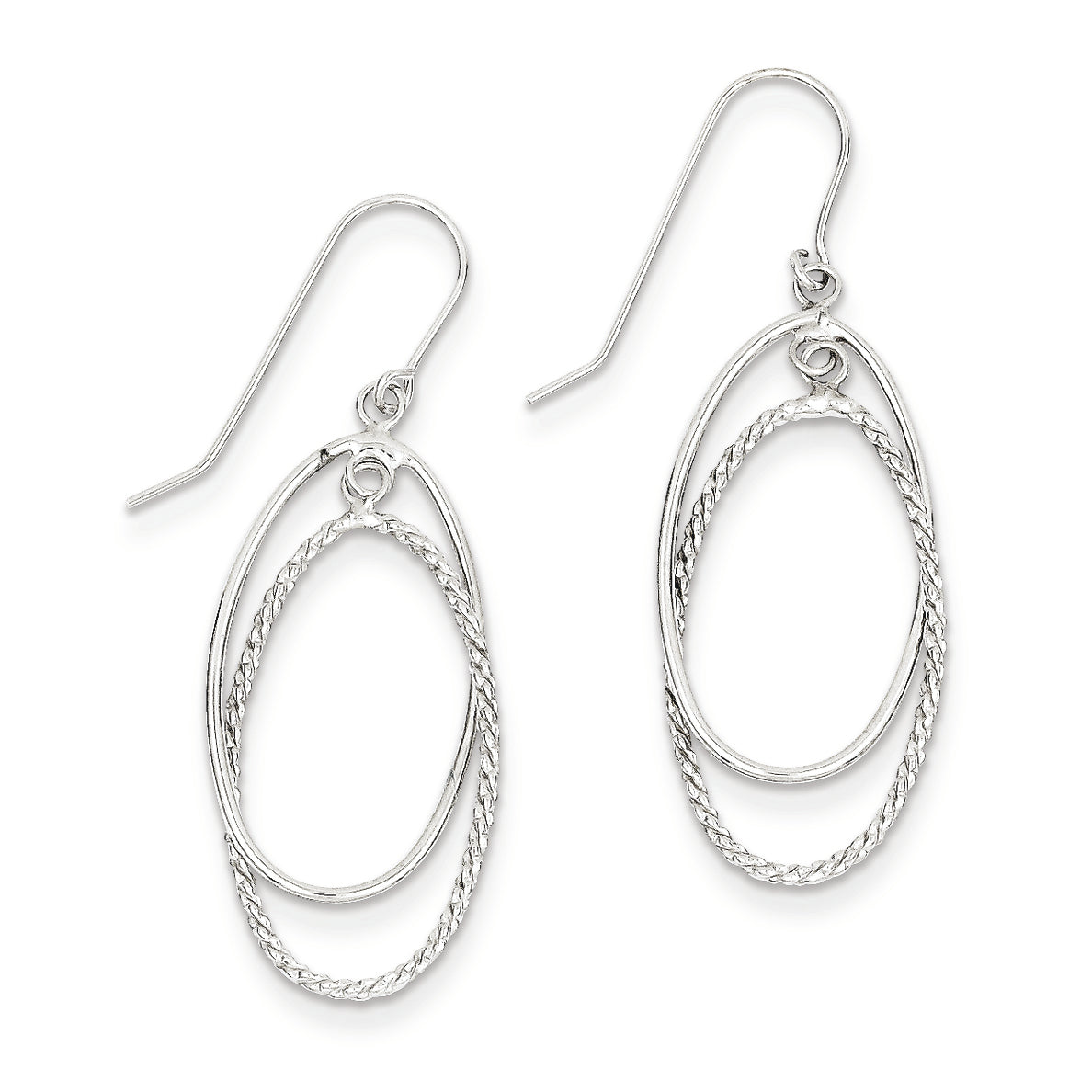 14K White Gold Polished and Textured Ovals Dangle Earrings