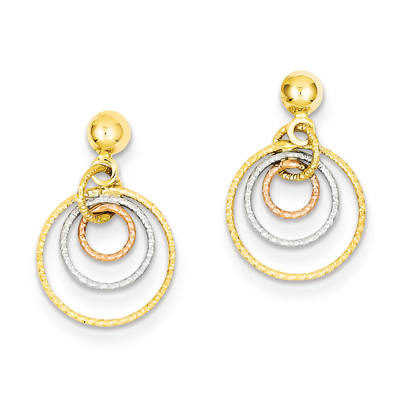 14K Gold Tri-color Textured Circle Post Dangle Earrings