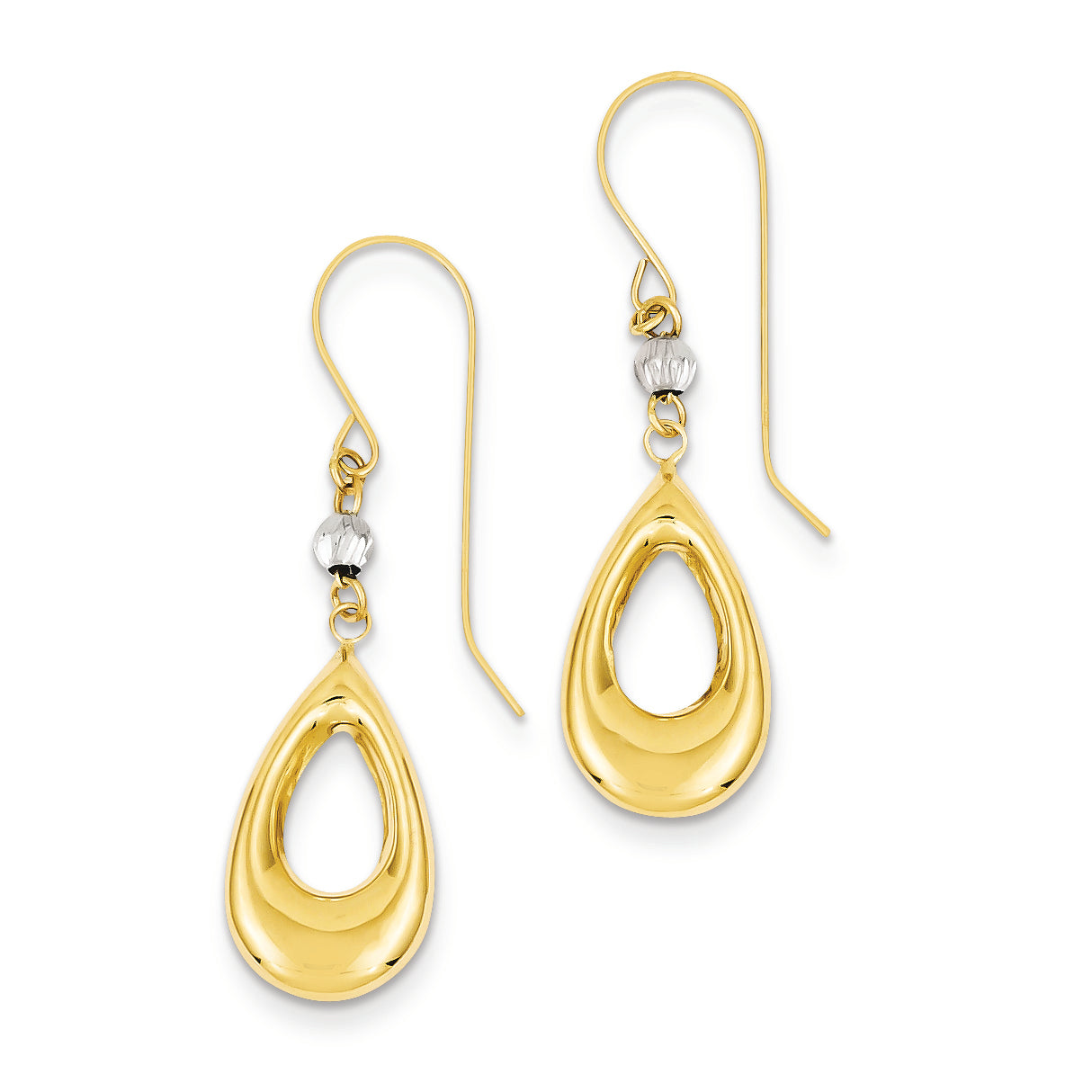 14K Gold Two-tone Puff Tear Drop Dangle Shepherd Hook Earrings
