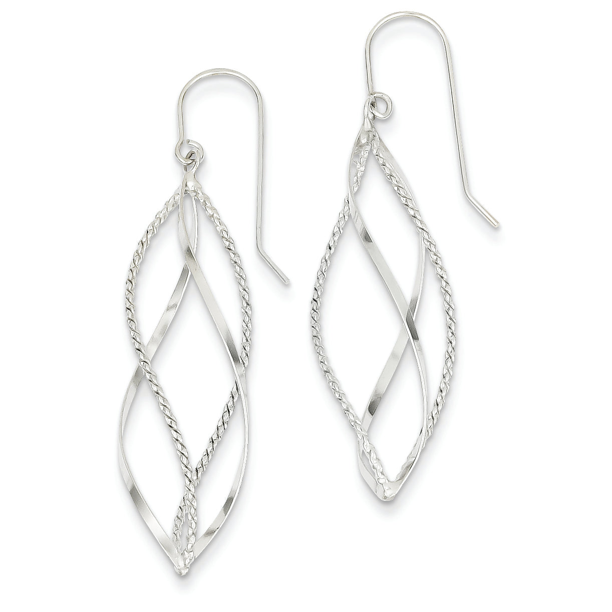 14K White Gold Polished and Textured Twisted Dangle Earrings