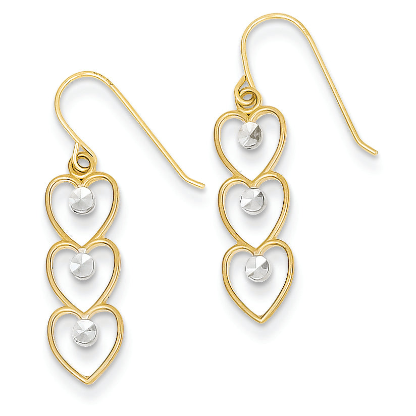 14K Gold & Rhodium Polished Hearts Dangle Earrings