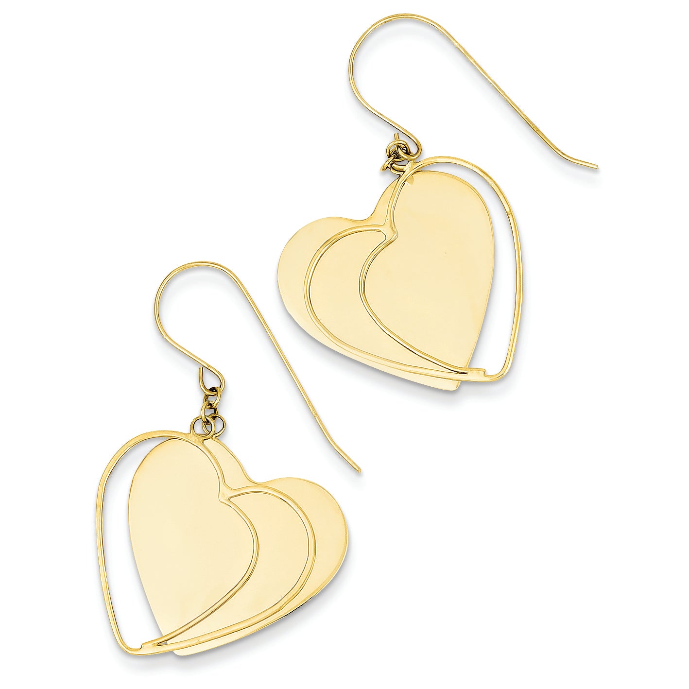 14K Gold Wired Frame and Stamp Hearts Dangle Earrings