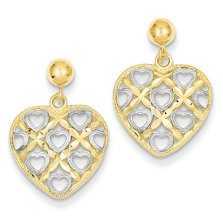 14K Gold Yellow Gold Rhodium Plated Diamond Cut Heart Post Dangle Earrings