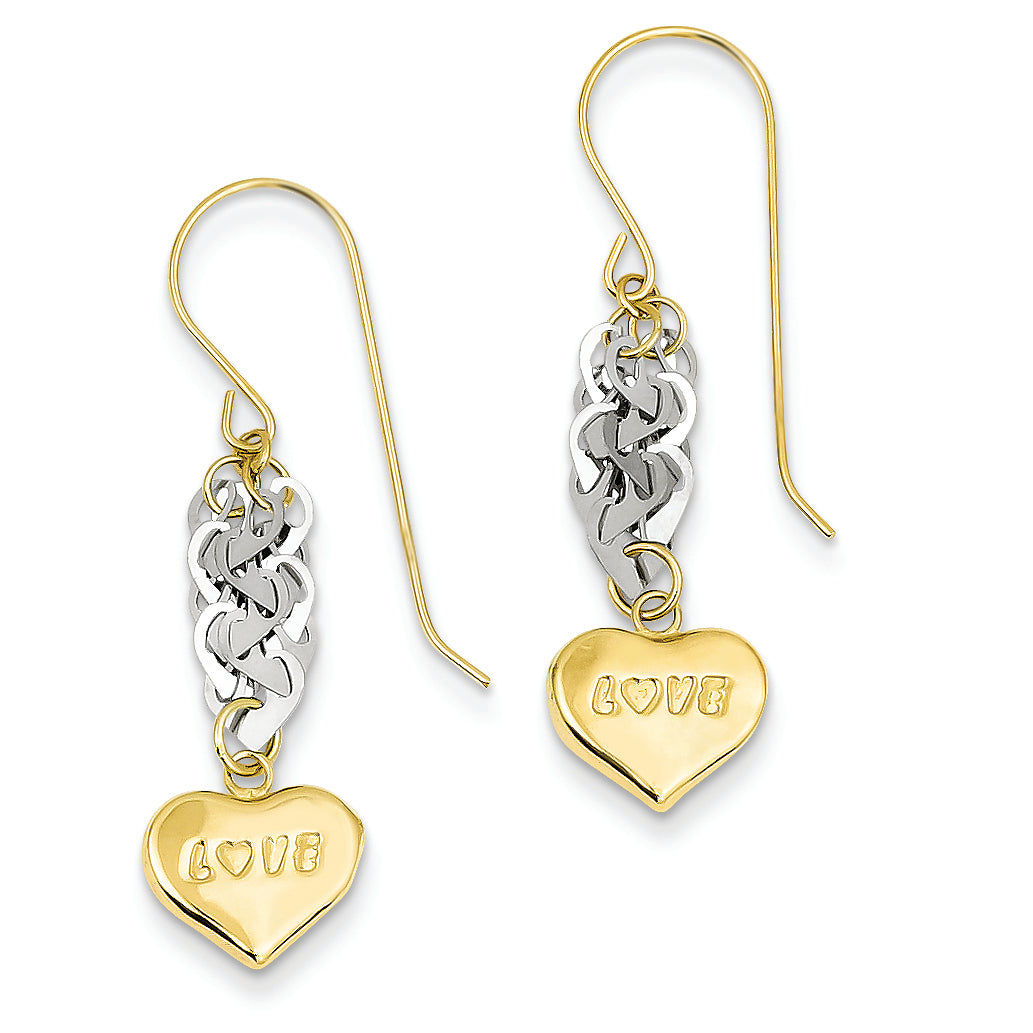 14K Gold Two-tone Stamp Hearts & Puff Heart LOVE Earrings